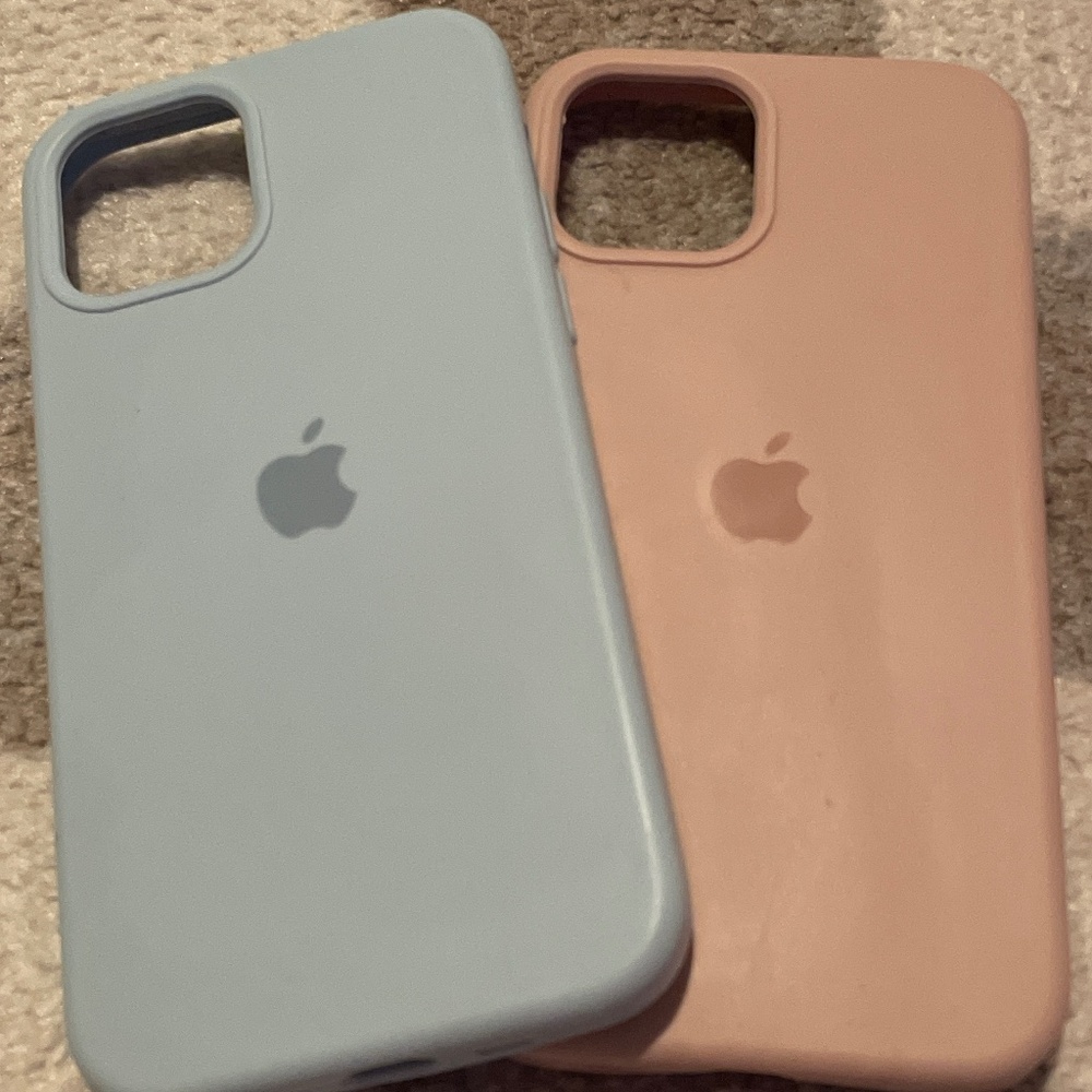 Apple I phone 12 silicone case bundle, baby blue and sand/nude.